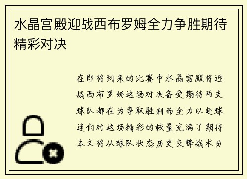 水晶宫殿迎战西布罗姆全力争胜期待精彩对决